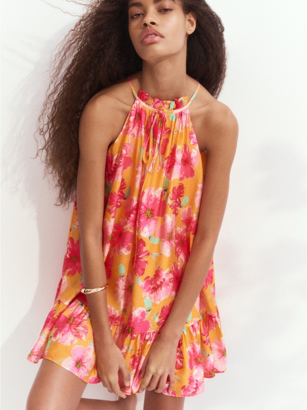 H&M Yellow Halter Mini Dress with Pink Floral Print